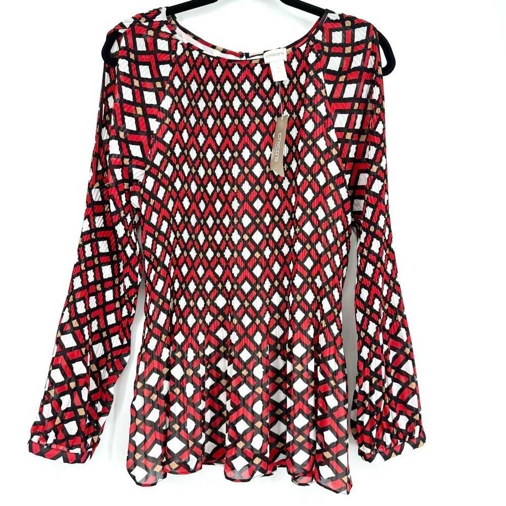 NWT Chico's Red Geometric Pleated Cold Shoulder‎ Top Blouse Size 3 XL